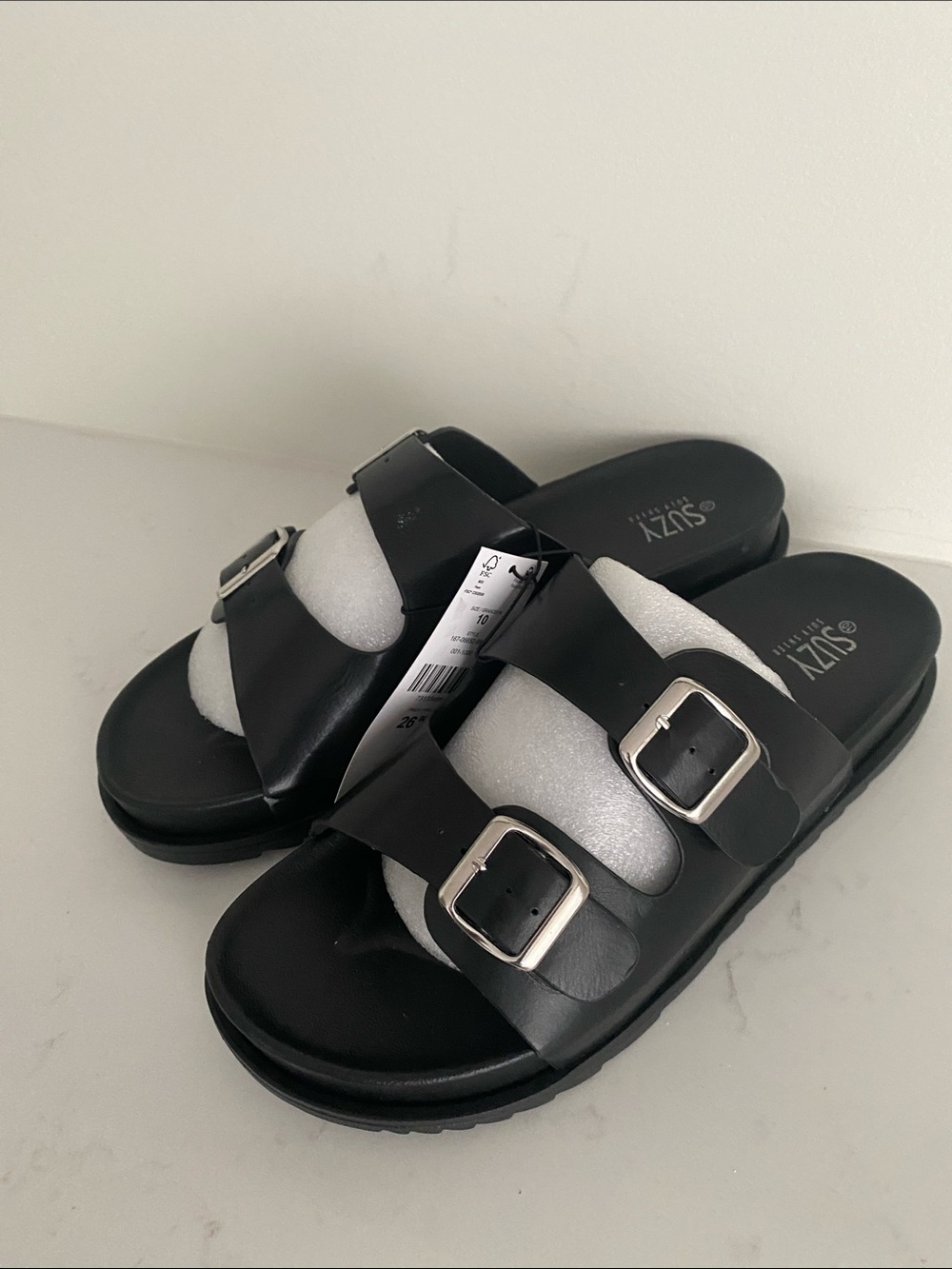 Black Faux Leather Double-Buckle Slide Sandals. Size 10